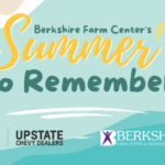 Promotional banner for berkshire farm center's "summer to remember" event, featuring a beach-themed background and logos of sponsors such as chevrolet and upstate chevy dealers.