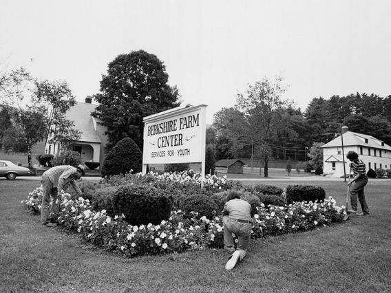 Black and white image showing three people gardening around a flower bed with a sign that reads "berkshire farm center - services for youth". there is a building in the background.