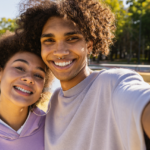 A young, cheerful couple takes a selfie outdoors on a sunny day, both smiling widely at the camera. she wears a purple hoodie, and he wears a gray shirt. trees and a fountain in the background.