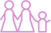 A simple, stylized icon of a family with two adults and one child, all connected by holding hands, depicted in pink lines.