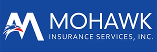 The logo of mohawk insurance services, inc., featuring stylized capital 'm' in white on a blue background, with a red and blue swoosh above, and company name in white text.