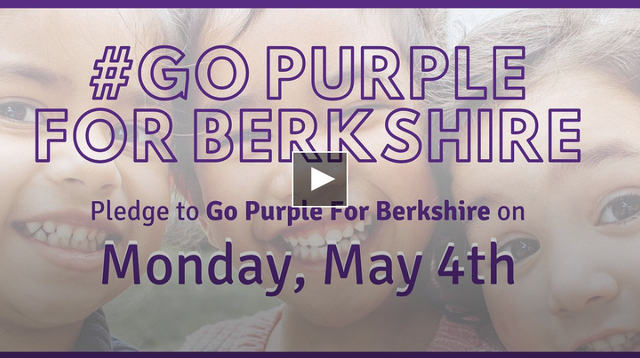 An image with text that reads: "#Go Purple For Berkshire Pledge to Go Purple For Berkshire on Monday, May 4th." The text is overlaid on a background of three children smiling.