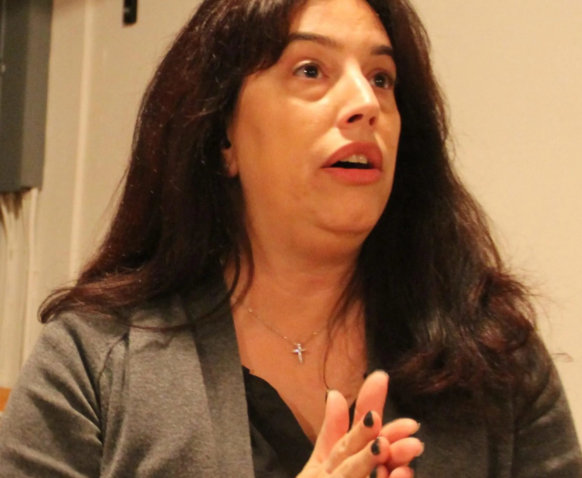 A person with long dark hair is shown clasping their hands together while speaking or making a gesture. They are wearing a gray cardigan over a black shirt, and a necklace with a cross pendant. The background is an indoor setting with light-colored walls.